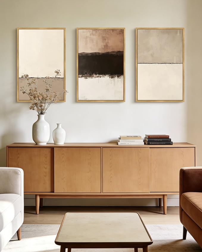 PHOPAGO Neutral Abstract Framed Wall Art Large 16x24in Minimalist Beige Gray Pastel Wall Decor Modern Watercolor Art Paints for Bedroom Living Room - Natural Framed