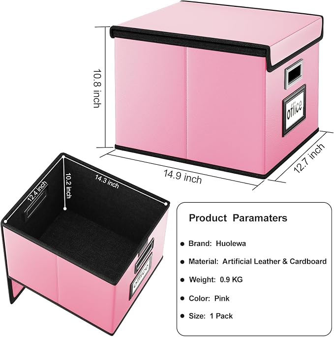 File Organizer Box with Lid, Collapsible Leather File Folder Organizer for Office Document Storage, Filing Box with Plastic Slide for Letter/Legal Size Hanging Files, Pink