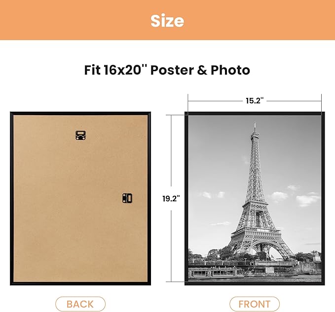 upsimples 16x20 Picture Frame Black 3 Pack, Scratch-Proof Poster Frames 16 x 20 for Photo Gallery - Slide-In Strips, Horizontal or Vertical Wall Mounting