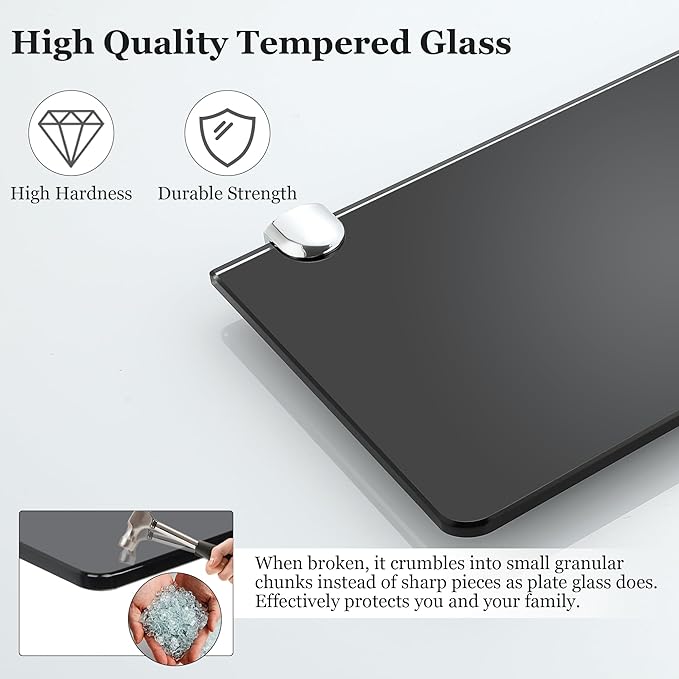 SAYAYO Glass Floating Shelves for Wall, Tempered Glass Shelves for Bathroom, Living Room, Bedroom, Office, Toilet, Kitchen Decor, 12 Inch Set of 2, Black
