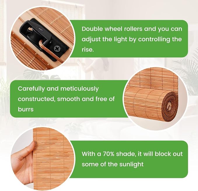Bamboo Blinds, Easy to Install Bamboo Shades for Indoor Windows, Custom Sizes Roller Shades for Indoor Windows, Roll Up Blinds Indoor Outdoor Patio
