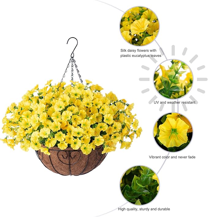 Artificial Fake Hanging Flowers Plants Baskets for Spring Outdoors Decor, Faux Silk Morning Glory in Planter UV Resistant Realistic Outside Flowers for Outdoor Porch Patio Balcony Yard Home, Yellow