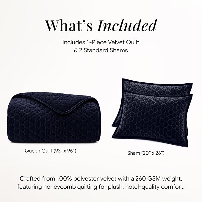 Tribeca Living Lugano Oversized Velvet Quilt Set - All Season, Extra Large, 3 Piece Queen Size Comforter Set with 2 Pillow Shams in Indigo Honeycomb Pattern 260GSM