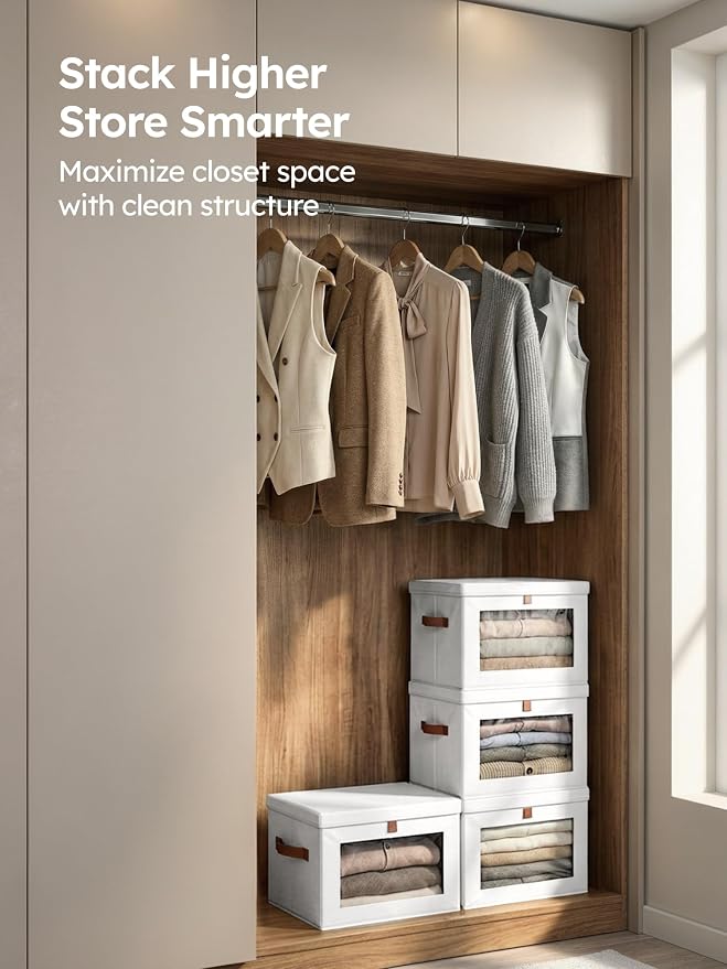 Homsorout Medium Fabric Storage Bins - Closet Shelf Organizer with Open Window, 4 Pack Closet Baskets for Shelves, Stackable Decorative Boxes for Home, Dorm, White, 13.7" x 9.8” x 9.8"