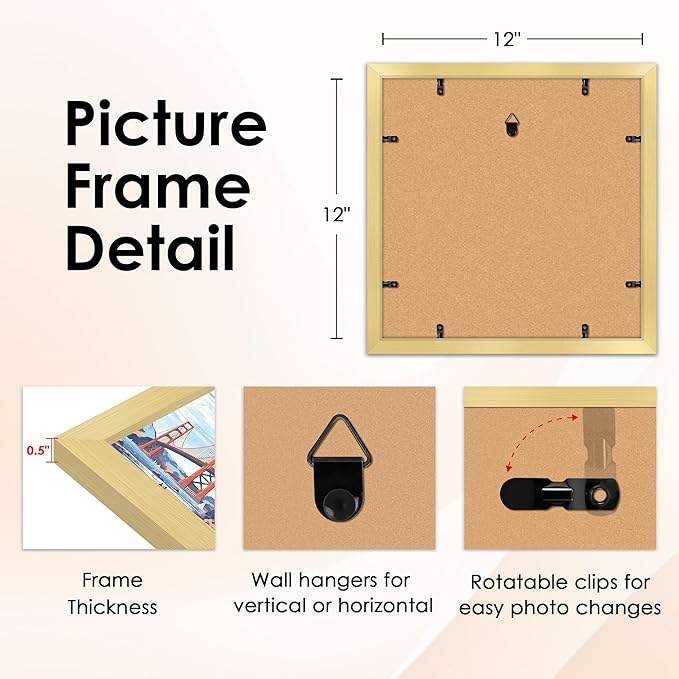 FIXSMITH 12x12 Picture Frame Gold Set of 2, Photo Frame with HD Plexiglass, Display Pictures 8x8 with Mat or 11x17 Without Mat, Gold Picture Frames Collage Wall Decor, Gallary Wall Frame