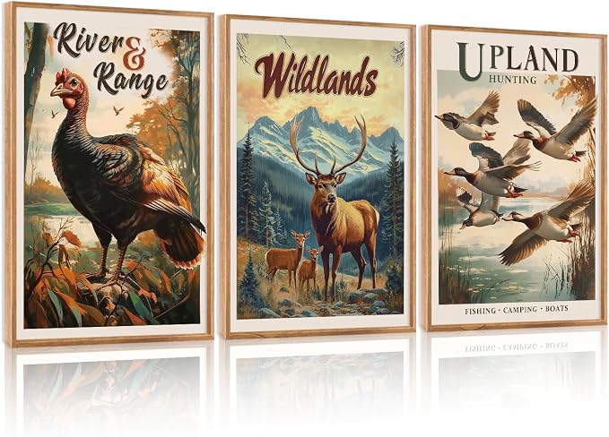 HOURIA 3Pcs Large Retro Hunting Framed Canvas Wall Art Set(16"x24"),Wildlife Deer Elk Mallard Duck Hunting Nursery Decor Rustic Wild Animals Camping Posters For Hunter Room Cabin Decor Living Room Bedroom