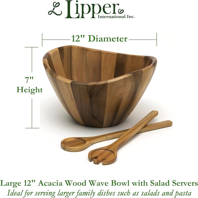 Lipper International Acacia Large Wave Bowl with Servers, 162.31 fl.oz.,Brown
