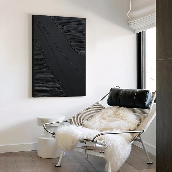 Hand-Painted Black Abstract Canvas Wall Art, Modern Minimalist Oil Painting | Vertical 3D Textured Monochrome Artwork for Living Room Bedroom Office Hallway, Large Ocean-Inspired Wall Decor, 24x36 In