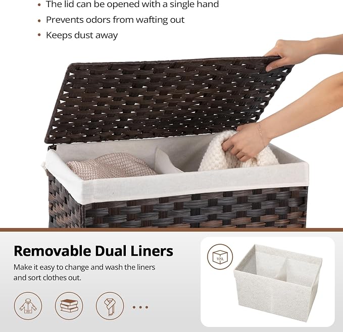 OIAHOMY Storage Basket with Lid, 27.7 Gallon (105L) Blanket Basket with Removable Liner Bag, Synthetic Wicker Hamper with Handle, Large Hamper for Bedroom, Brown