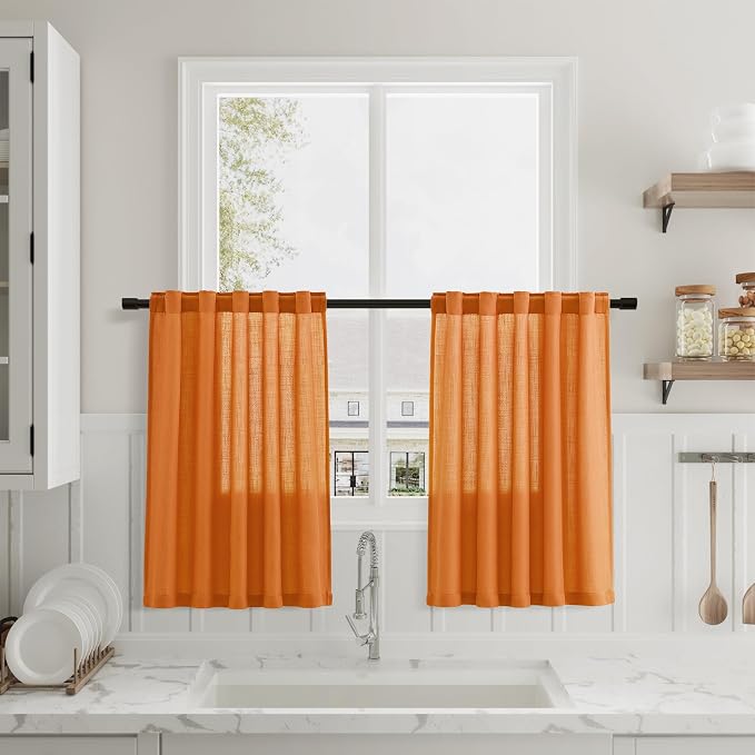 Orange Linen Cafe Kitchen Short Curtains 24 Inch Length 2 Panels Semi Sheer Linen Rustic Curtain Light Filtering Valances with Back Tab Rod Pocket for Boho Small Windows Cafe Bathroom 30Wx24L