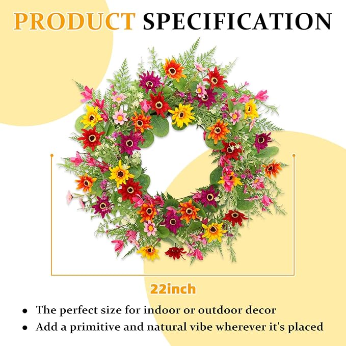 Spring Summer Wreaths for Front Door,22 Inch Artificial Spring Summer Daisy Wreath with Wildflowers,Ferns,Eucalyptus Leaves for Indoor Outdoor Wall Porch Festival Farmhouse Home Holiday Decor.