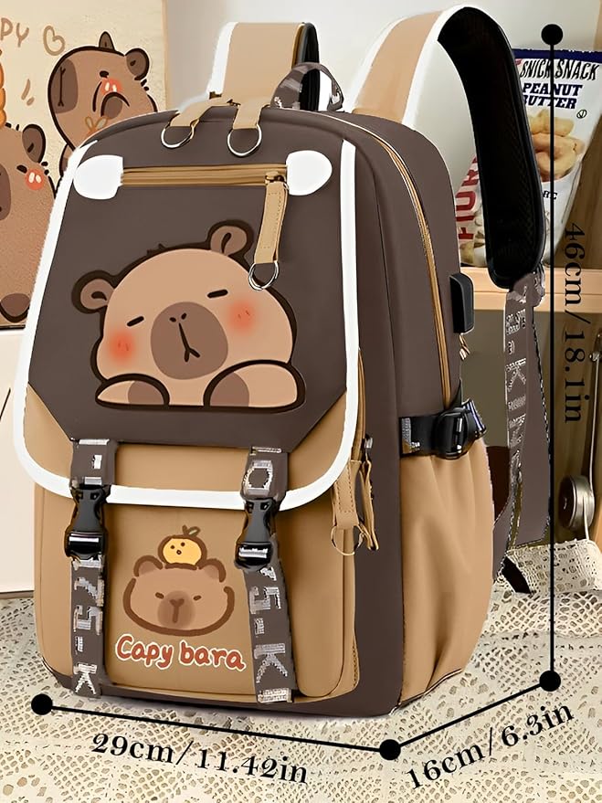 Waterproof Capybara Backpack，Large-capacity Kawaii capybara bag with 11-Piece Accessories (Badges, Pendants, Plush capybara, Stickers and others)
