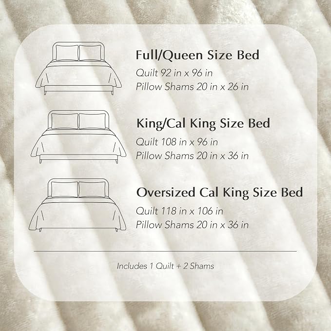 EverGrace Velvet Quilt Set Queen Size, Luxurious Soft Striped Channel Bedding Set, Lightweight Velvet Comforter for All Season, Oversized Bedspread Coverlet with 2 Matching Shams, Beige