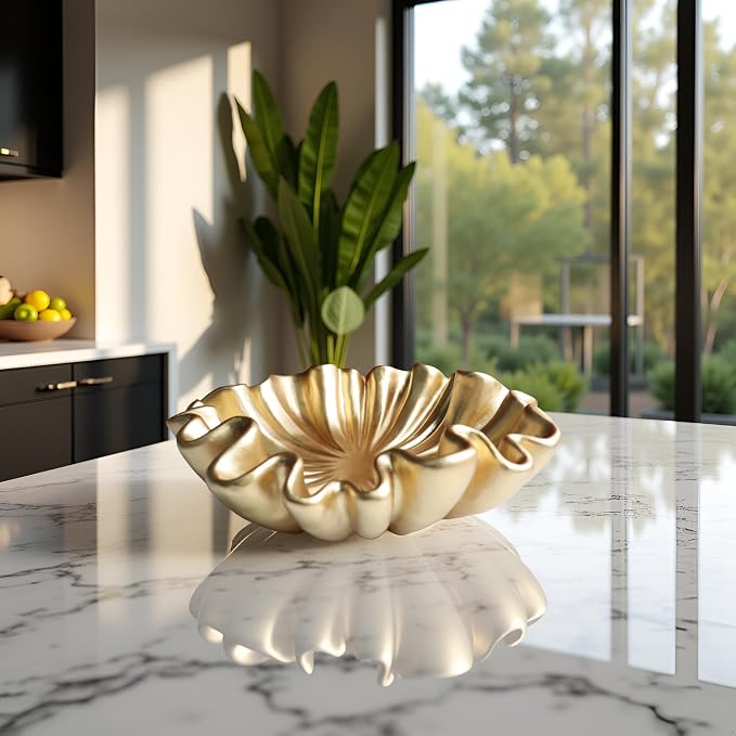 12" Large Decorative Bowl decor - Scalloped Decorative Bowls for Home Decor - Organic Fluted Modern Home Decor,Ruffle Decor key bowl,bowl for keys,Golden