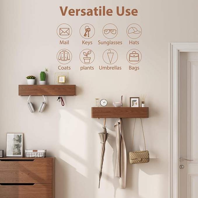 CycleCrew Solid Wood Wall Mounted Coat Rack with Shelf Hooks - Modern Floating Shelves with 5 Hidden Hooks, Heavy Duty Entryway Coat Key Holder Hanger for Hallway Bathroom Bedroom Home Decor