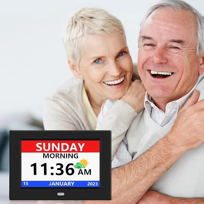 LXBYJKJ 7 Inch Digital Clock with Day and Date for Elderly Alzheimer's Clock Customizable Alarms 3 Display Modes Large Font Alarm Clock for Seniors Auto DST Black