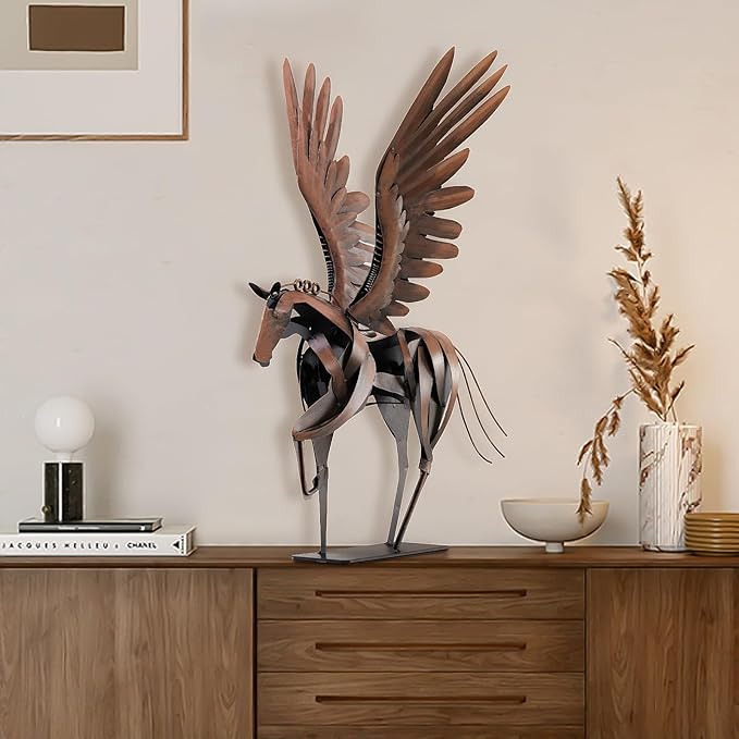SunBlogs Art Horse Statue Décor Artwork, 24" H Handmade Metal Pegasus Greek Flying Horse Sculpture, Hand-Painted Animal Figurines for Home Living Room Office (Vintage Brown with Wings)