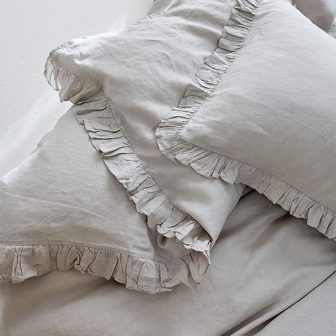 Simple&Opulence 100% Linen Duvet Cover Set, 3 PCS Natural French Flax Light Grey Ruffle Duvet Cover Queen Size, Breathable Comfy Linen Bedding Comforter Cover with 2 Pillowcases(Light Grey, 88" X 92")