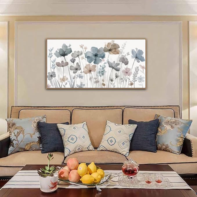 yearainn Framed Elegant Watercolor Floral Wall Art – Blue and Taupe Botanical Flowers Picture, Soft Abstract Floral Painting Artwork for Home Wall Decor, Ready to Hang, Natural Wood Frame, 24" x 48"