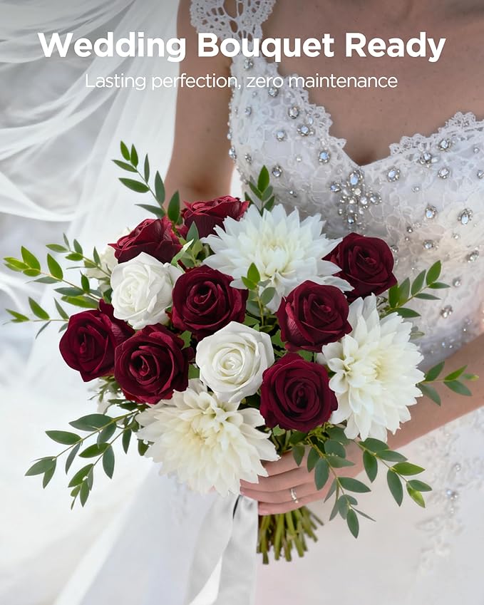 InnoGear 50 Pcs Burgundy Roses Artificial Flowers, Fake Velvet Silk Red Rose Bulk Faux Flower for Decoration Wedding Centerpieces Proposal Bridal Bouquets Shower Party Home Floral Decor (50, Burgundy)