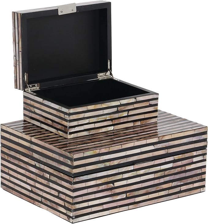 Deco 79 Mother of Pearl Shell Handmade Decorative Box Decorative Keepsake Boxes with Linear Mosaic Pattern and Hinged Lid, Set of 2 Storage Boxes 12", 8"W, Black