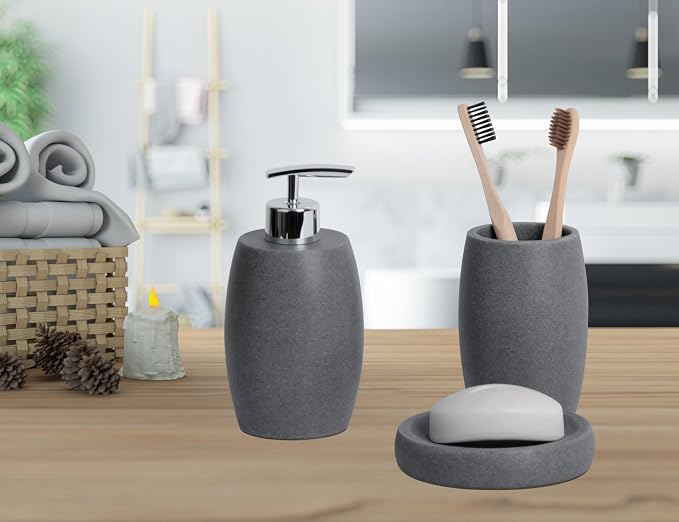 Clasin Home Grey Bathroom Accessories Set 3 PC, Resin Sandstone Look Soap Dispenser, Toothbrush Cup, Soap Dish, Bathroom Soap Dispenser Set for Home Decor and Kitchen