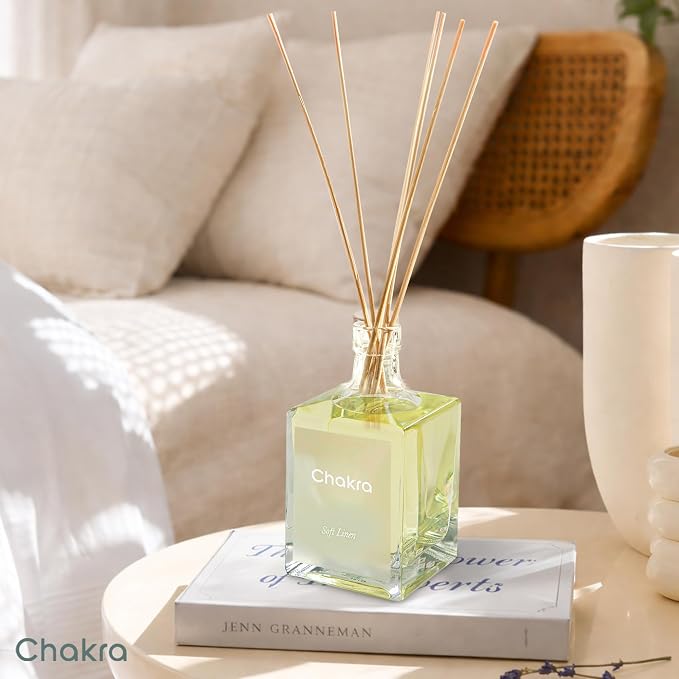 Chakra Reed Diffuser Set - Reed Diffusers for Home, Office and Living Spaces with Long-Lasting Fragrance, Scent Diffuser with Decorative Glass Bottle & Bamboo Sticks, 17 fl oz, Soft Linen