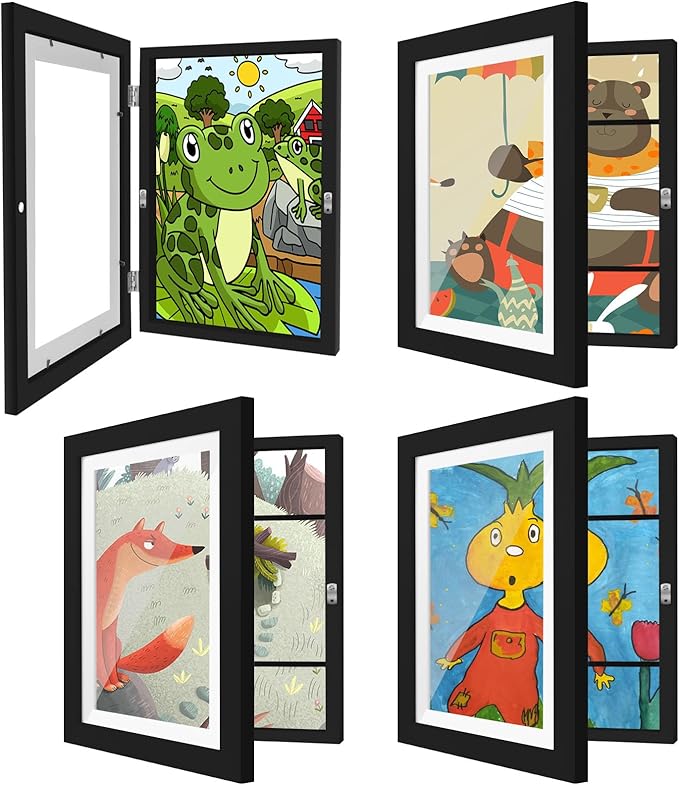 4 Pack Kids Art Frames 8.5x11 Inch Kids Artwork Flip Frame Changeable for Picture Display, Children School Drawing Projects Storage, Wall Hanging, Front Opening, Black