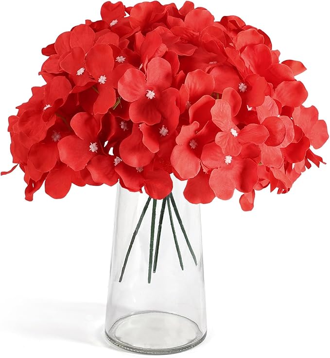 Auihiay 64pcs Hydrangea Artificial Flowers, Red Fake Hydrangea Flowers with Stems, Artificial Hydrangea Flowers for Wedding Centerpieces, Home Garden Party Decoration (Red)