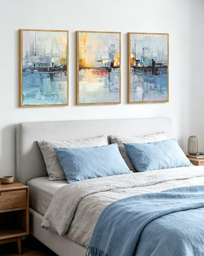 PHOPAGO Navy Blue Abstract Landscape Framed Wall Art Large 16x24in Graffiti Colorful Shape Wall Decor Modern Art Paints Laundry Living Room Decor - Natural Framed