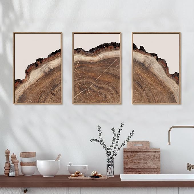 HPINUB Framed Tree Rings Wood Wall Art Set, Modern Beige Wood Stump Wall Decor, Abstract Black and Gray Tree Spiral Wall Painting, Nature-Inspired Art Print for Living Room, Bedroom, Office-24"x36"x3