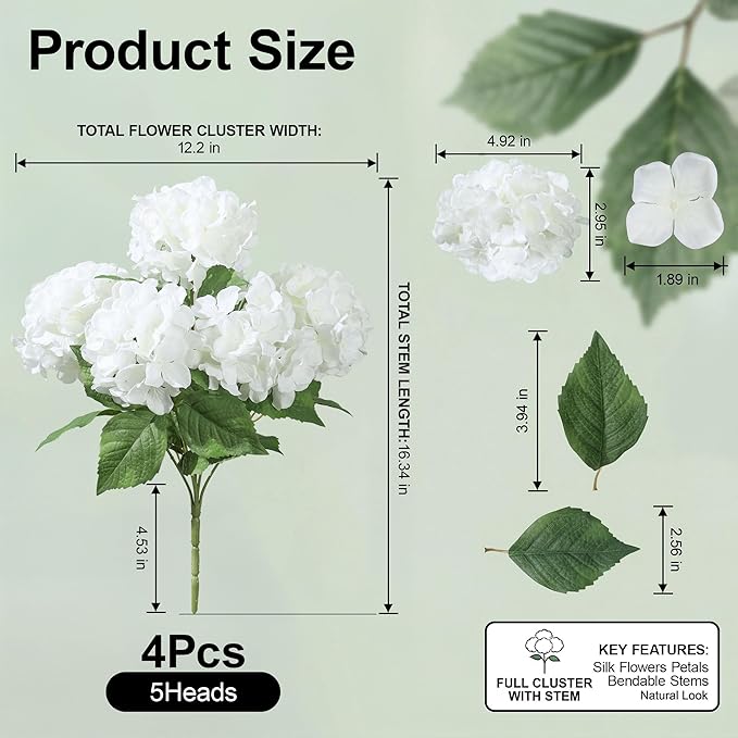 Ivydale Artificial Flowers for Outdoors, 4 PCS White Fake Silk Hydrangea Flower Stems for Bouquets UV Resistant Realistic Faux Plants Home Outdoor Wedding Party Centerpieces Decor