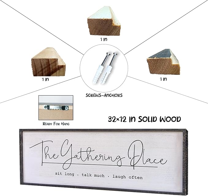 The Gathering Place Wall Decor Sign 32"x12" Large Family Dining Room Vintage Wooden Framed Country Farmhouse Simple And Rustic Hanging For Kitchen Home Wall Art Decoration (Black)