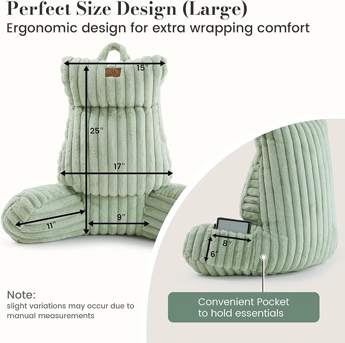 Amélie Home Faux Fur Reading Pillow with Pocket for Sitting in Bed, Adult Backrest Bed Pillow with Washable Cover for Lounging, Watching TV/Gaming/Resting/Post/Surgery/Nursing, Sage Green 25 inches