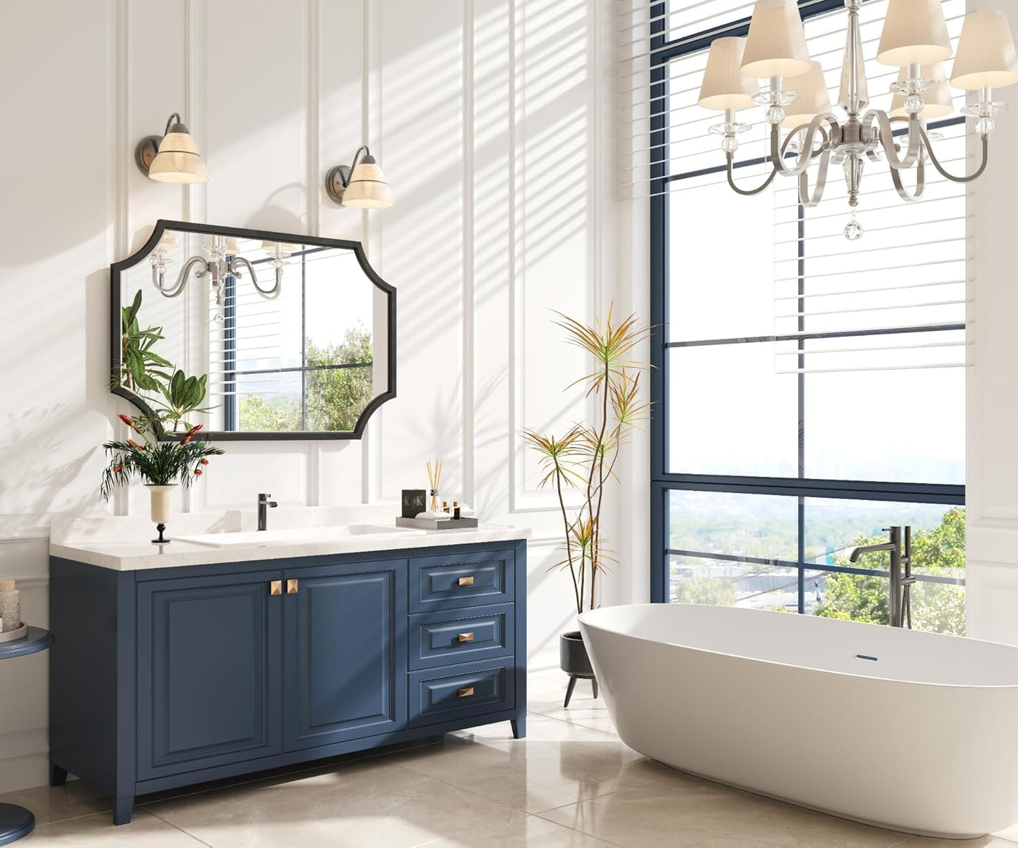 Kelly Miller Scalloped Black Bathroom Mirror for Wall, 24"x36" Black Mirror Decorative Wall Mirror Art Framed Mirror Bevelled for Master Bath Half Bath Living Room Fireplace Mantle Entryway Hallway