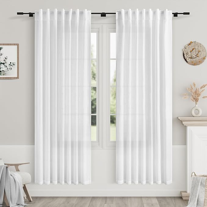 Nanspring White Semi Sheer Linen Curtains 75 Inch Length for Living Room Back Tab Rod Pocket Drapes Modern Farmhouse Coastal Decor Linen Textured Gauze Curtains for Dining Room Office 52x75