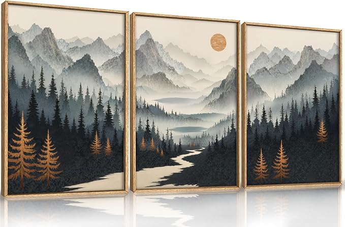 Watercolor Misty Forest Framed Canvas Wall Art Set, Foggy Mountain Wall Decor, Misty Pine Tree Wall Painting, Large Nature Landscape Art Prints for Living Room, Bedroom, Office - 24"X36"X3