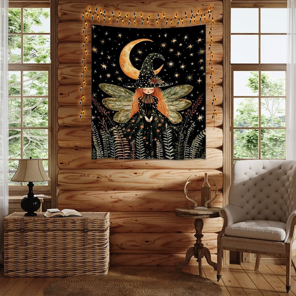 Dark Academia Witch Fairy Tapestry Wall Hanging Magical Moon Starry Night Art Print Halloween Witchy Artwork Aesthetic Wall Tapestries for Girls Bedroom Living Room Dorm Decoration 60x80inch