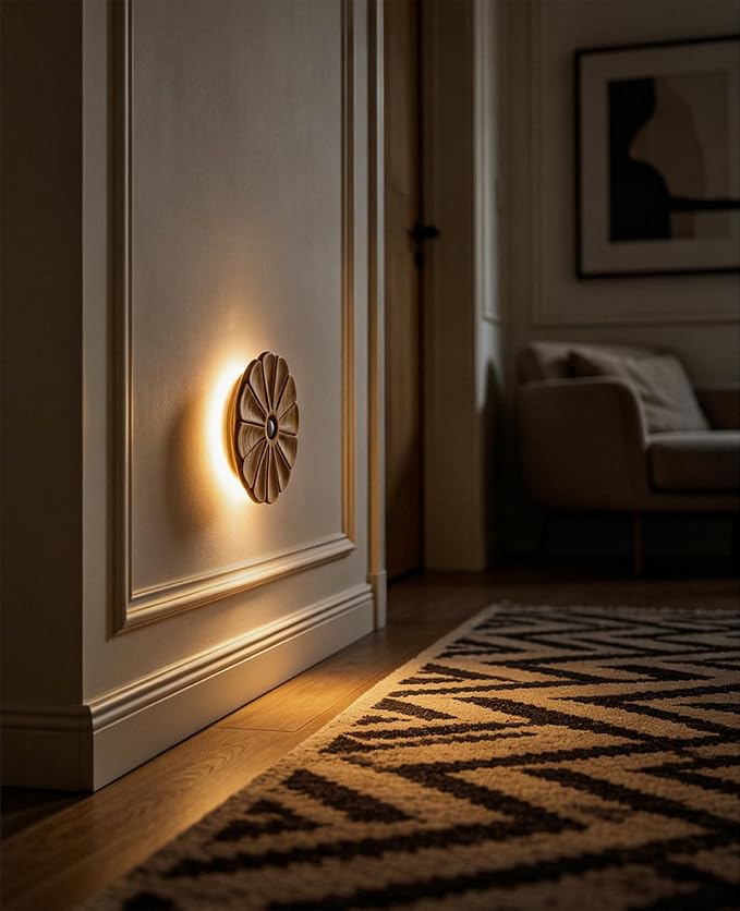 Night Light Wooden Carved Flower Mini USB Rechargeable Motion Sensor Nightlights Magnetic Wall Light for Hallway, Bedroom, Living Room, Stair, Ash Wood