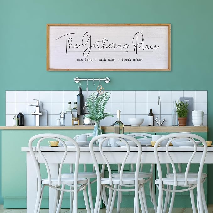 The Gathering Place Wall Decor Sign 40"x15" Large Family Dining Room Vintage Wooden Framed Country Farmhouse Simple And Rustic Hanging For Kitchen Home Wall Art Decoration (Wood)