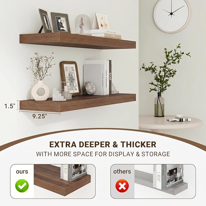 Acovy 32 Inch Floating Shelves, 3D Textured Wood Grain, 32"x9.25"x1.5" Inch Deep Floating Shelves for Wall, Wooden Shelves for Bathroom, Bedroom, Living Room, Walnut, 2 Pieces