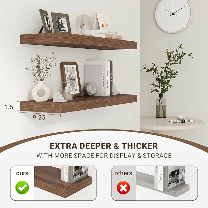 Acovy 16 Inch Floating Shelves, 16"x9.25"x1.5" Inch Deep Floating Shelves for Wall, Wooden Shelves for Bathroom, Bedroom, Living Room, Walnut, 2 Pieces