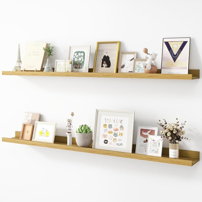 Acovy Picture Ledge Shelf, Wood Long Floating, Set of 2, 48 inch, Oak | Wall Mounted, For Photo Display, For Nursery Book Storage, For Living Room Kids' Room Bedroom