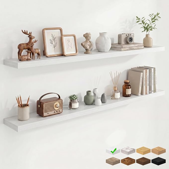 Marsmiles 55in Floating Shelves for Wall, 72" W x 9.25" D x 1.5" H, Long Wall Mounted Engineered Wood Shelves with Invisible Brackets for Living Room, Bedroom, Bathroom, Kitchen, White, 2Pcs