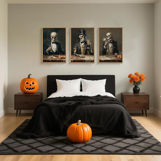 FWIEXA Halloween Skeleton Canvas Wall Art Set of 3, Gothic Skull Framed Painting Artwork, Dark Reaper Prints, Creepy Spooky Decor 24x36In for Party, Bar, Gift, Living Room, Bedroom