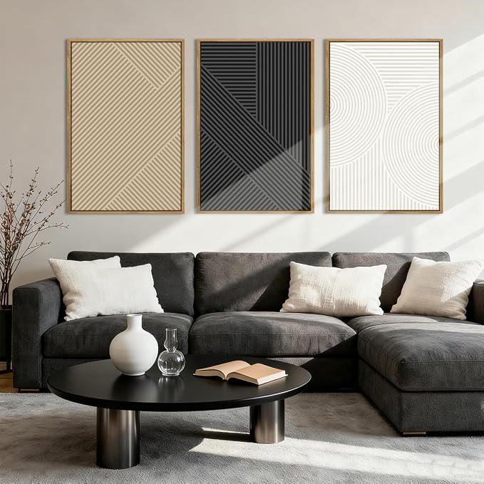 Anyzal Extra Large Abstract Black Neutral Framed Wall Art 24x36 Inch Boho Modern Minimalist Canvas Wall Decor White Cream Farmhouse Textured Artwork for Living Room Bedroom Dining Room Set of 3