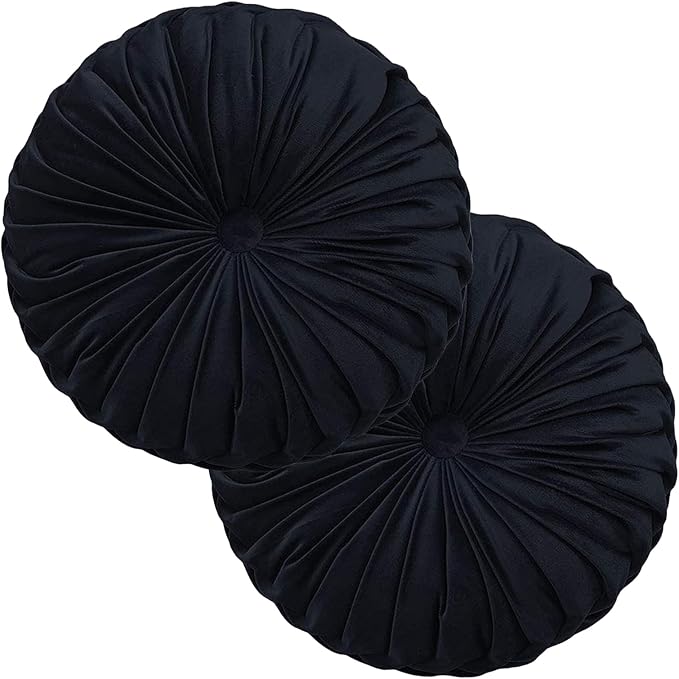 Teieas 2 Pcs Round Throw Pillows Decorative Pumpkin Velvet Boho Pleated Bed Pillows Back Support for Couch Chair Dorm Car 14.96'' (Black)