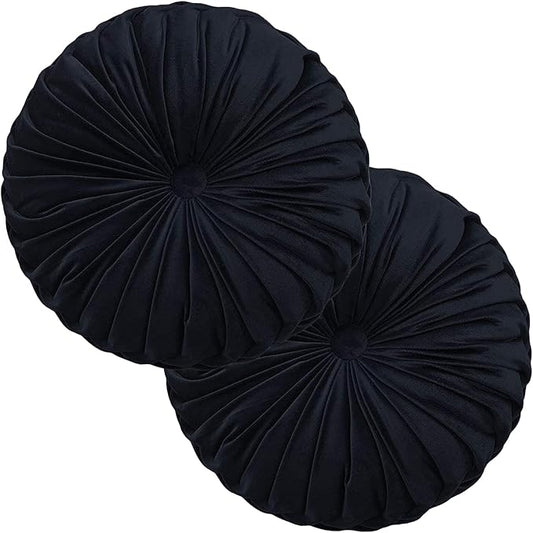 Teieas 2 Pcs Round Throw Pillows Decorative Pumpkin Velvet Boho Pleated Bed Pillows Back Support for Couch Chair Dorm Car 14.96'' (Black)