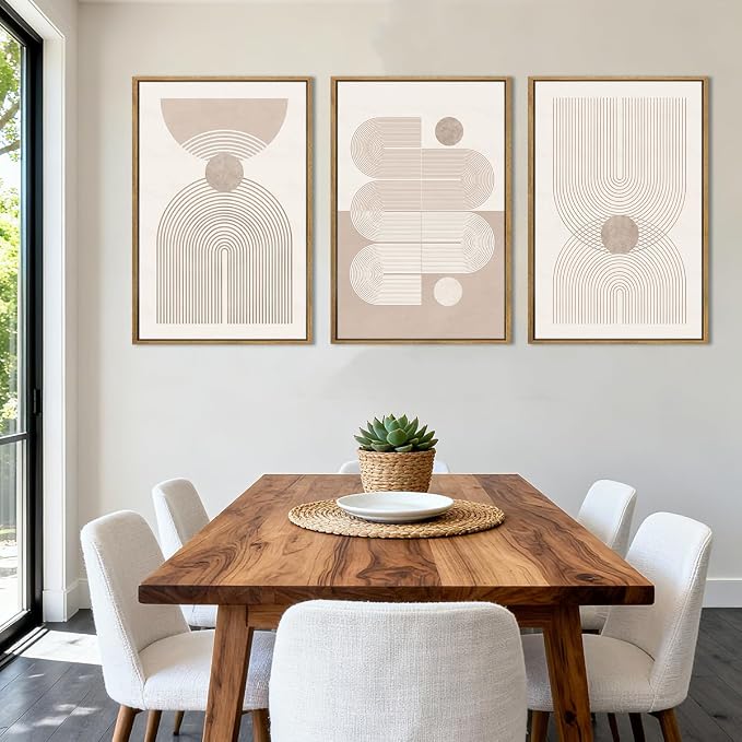 Anyzal Large Boho Framed Wall Art 16x24 Inch Beige Neutral Minimalist Canvas Pink Abstract Modern Geometric Artwork for Living Room Bedroom Dining room Set of 3