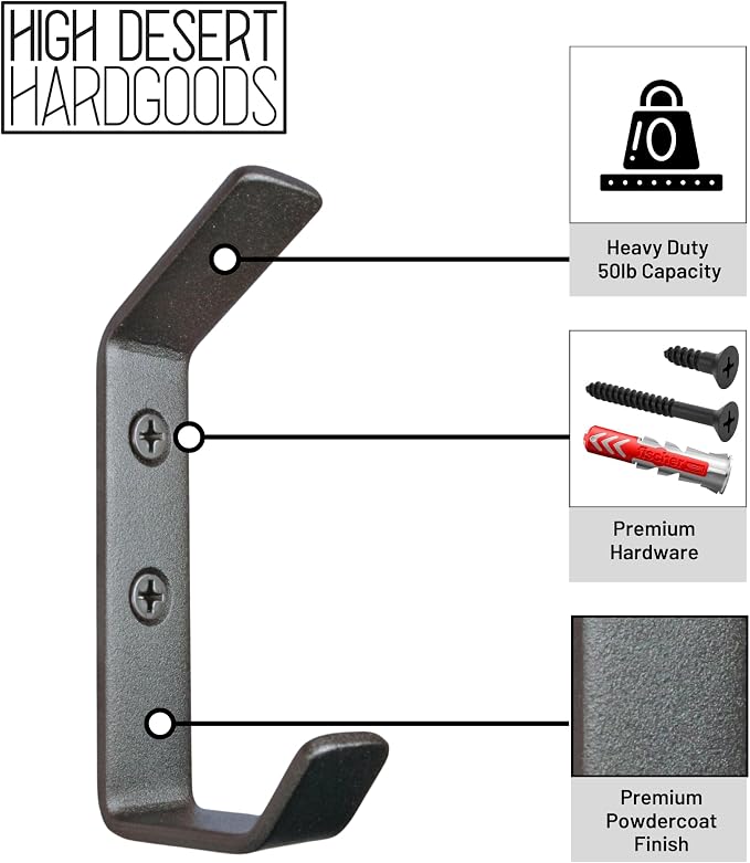 Wall Hooks Single Hook 4-Pack - Made in USA - 50 lb Capacity Stel Coat Hooks, Powder Coated Metal Wall Mount Hooks for Entryway, Garage, Bathroom.